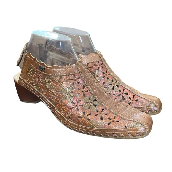 Pikolinos Romana Slingback Leather Floral Sandals Laser-Cut Heeled Size 8 - Picture 2 of 9